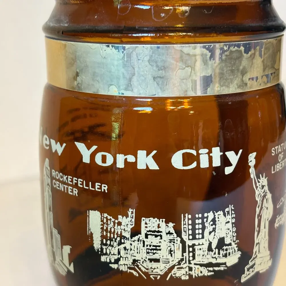 Vintage New York City NYC Souvenir Brown Glass Barrel Mug Wood Handle